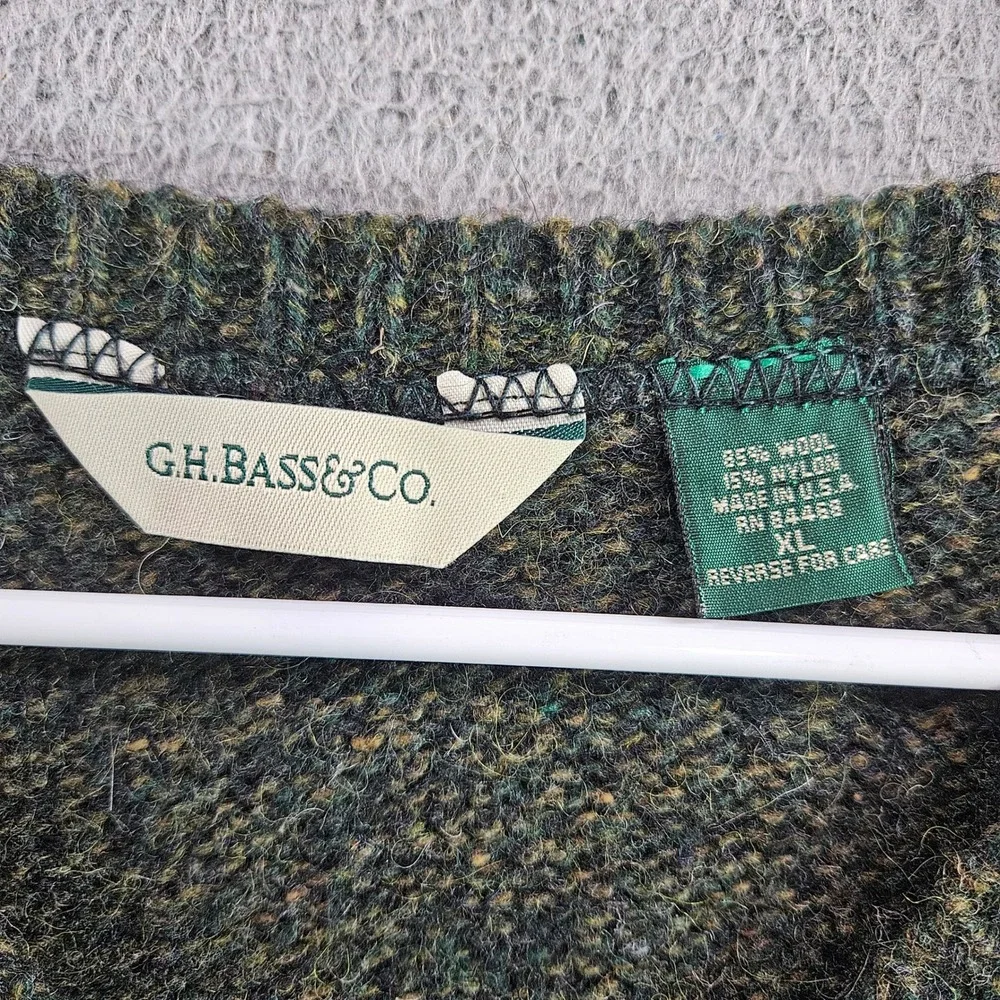 GH Bass Mens XL V-Neck Sweater Vest Dark Green Wool Blend Marl Made in USA